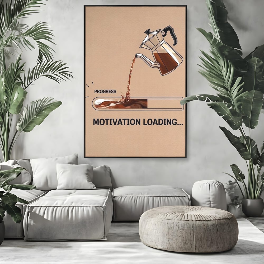 Tablou canvas cu tablou canvas cu ibric de cafea si bara de progres, in rama de aluminiu negru, pe perete intr-un living